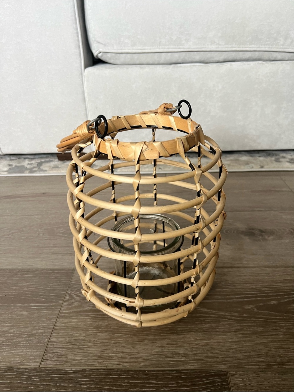 Woven Rattan Lantern Candle Holder Birdcage Brown Handle Glass Insert